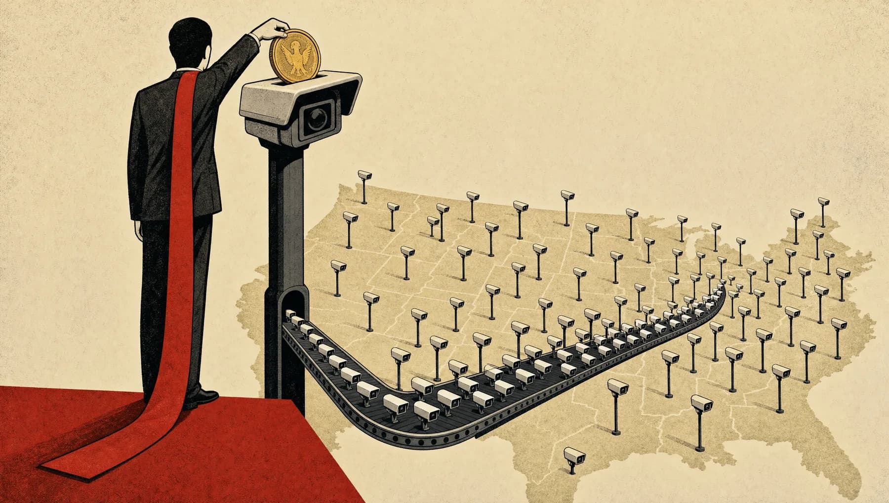 A faceless man in a suit with a very long red tie drops a gold coin into a slot on top of a camera pole; a conveyor belt of cameras rolls out across a map of the United States.